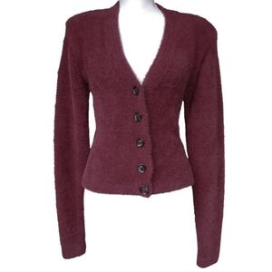 Lovers & Friends Burgundy Fuzzy Sweater Retro 80s Rock & Roll Shoulder Pad Cardi